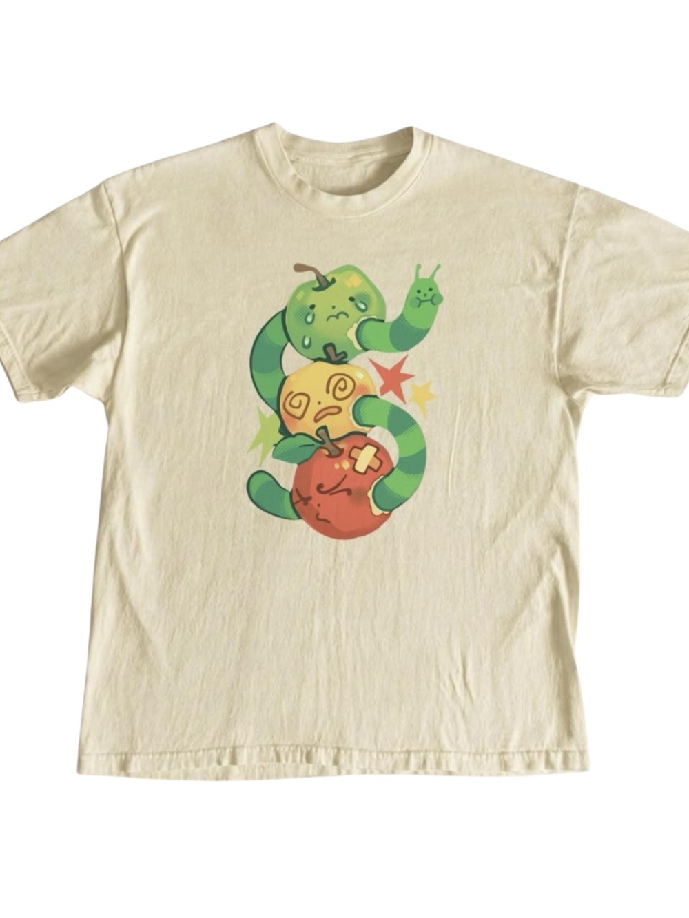 Gildan Green Worm & Fruit Graphic T-Shirt - Cream
